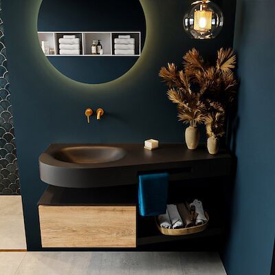 MONDIAZ RIVA 120cm badmeubel onderkast / planchet kleur Washed_Oak met 1 lade. Wastafel DULCET links 0 kraangaten kleur Urban.