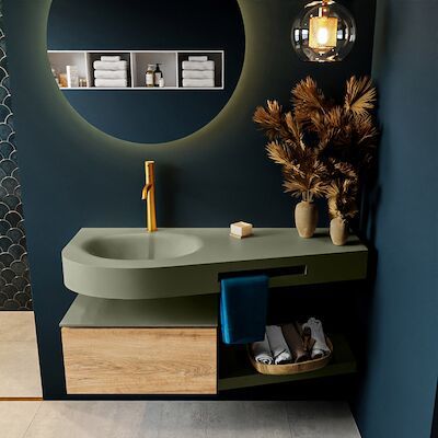 MONDIAZ RIVA 120cm badmeubel onderkast / planchet kleur Washed_Oak met 1 lade. Wastafel DULCET links 1 kraangat kleur Army.