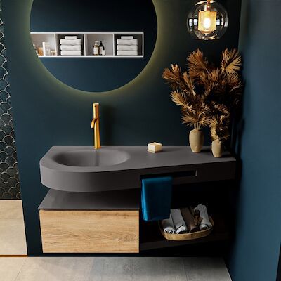 MONDIAZ RIVA 120cm badmeubel onderkast / planchet kleur Washed_Oak met 1 lade. Wastafel DULCET links 1 kraangat kleur Dark_Grey.