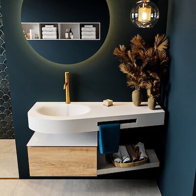 MONDIAZ RIVA 120cm badmeubel onderkast / planchet kleur Washed_Oak met 1 lade. Wastafel DULCET links 1 kraangat kleur Talc.