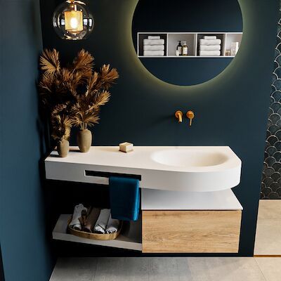 MONDIAZ RIVA 120cm badmeubel onderkast / planchet kleur Washed_Oak met 1 lade. Wastafel DULCET rechts 0 kraangaten kleur Talc.