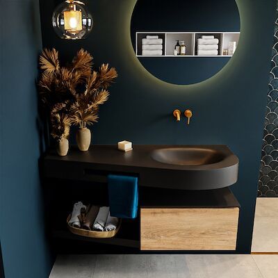 MONDIAZ RIVA 120cm badmeubel onderkast / planchet kleur Washed_Oak met 1 lade. Wastafel DULCET rechts 0 kraangaten kleur Urban.