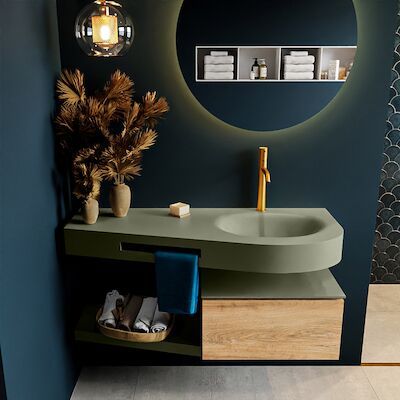 MONDIAZ RIVA 120cm badmeubel onderkast / planchet kleur Washed_Oak met 1 lade. Wastafel DULCET rechts 1 kraangat kleur Army.