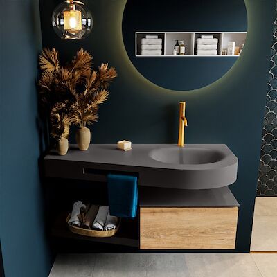 MONDIAZ RIVA 120cm badmeubel onderkast / planchet kleur Washed_Oak met 1 lade. Wastafel DULCET rechts 1 kraangat kleur Dark_Grey.