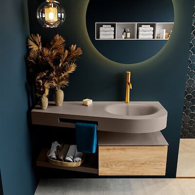 MONDIAZ RIVA 120cm badmeubel onderkast / planchet kleur Washed_Oak met 1 lade. Wastafel DULCET rechts 1 kraangat kleur Smoke.