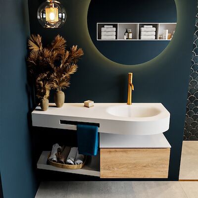 MONDIAZ RIVA 120cm badmeubel onderkast / planchet kleur Washed_Oak met 1 lade. Wastafel DULCET rechts 1 kraangat kleur Talc.