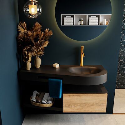 MONDIAZ RIVA 120cm badmeubel onderkast / planchet kleur Washed_Oak met 1 lade. Wastafel DULCET rechts 1 kraangat kleur Urban.