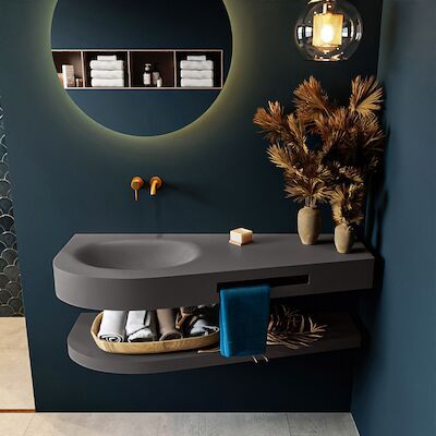 MONDIAZ RIVA 120cm Wastafel met planchet kleur Dark_Grey. Wastafel DULCET links 0 kraangaten kleur Dark_Grey.