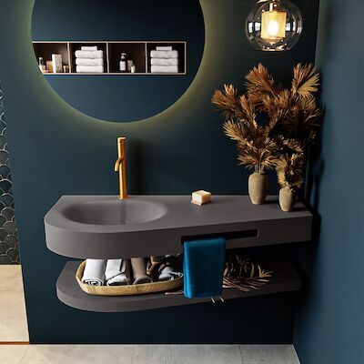 MONDIAZ RIVA 120cm Wastafel met planchet kleur Dark_Grey. Wastafel DULCET links 1 kraangaten kleur Dark_Grey.