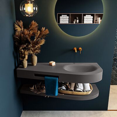 MONDIAZ RIVA 120cm Wastafel met planchet kleur Dark_Grey. Wastafel DULCET rechts 0 kraangaten kleur Dark_Grey.