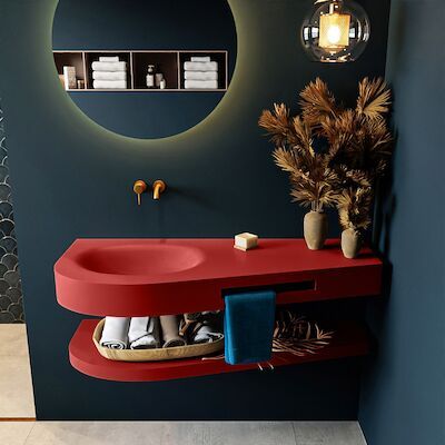 MONDIAZ RIVA 120cm Wastafel met planchet kleur Fire. Wastafel DULCET links 0 kraangaten kleur Fire.