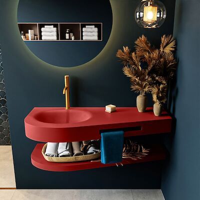 MONDIAZ RIVA 120cm Wastafel met planchet kleur Fire. Wastafel DULCET links 1 kraangaten kleur Fire.