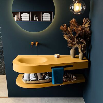 MONDIAZ RIVA 120cm Wastafel met planchet kleur Ocher. Wastafel DULCET links 0 kraangaten kleur Ocher.