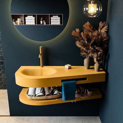 MONDIAZ RIVA 120cm Wastafel met planchet kleur Ocher. Wastafel DULCET links 1 kraangaten kleur Ocher.