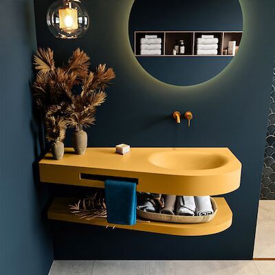 MONDIAZ RIVA 120cm Wastafel met planchet kleur Ocher. Wastafel DULCET rechts 0 kraangaten kleur Ocher.