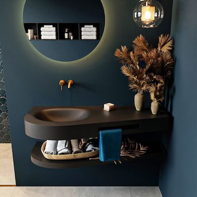 MONDIAZ RIVA 120cm Wastafel met planchet kleur Urban. Wastafel DULCET links 0 kraangaten kleur Urban.