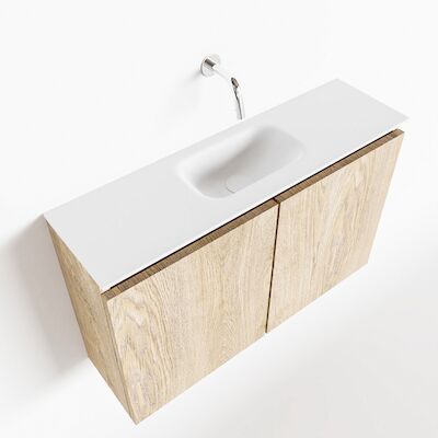 MONDIAZ TURE 80cm toiletmeubel washed oak. EDEN wastafel talc midden geen kraangat