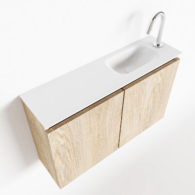MONDIAZ TURE 80cm toiletmeubel washed oak. EDEN wastafel talc rechts 1 kraangat