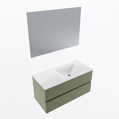 MONDIAZ VICA 100cm badmeubel onderkast Army 2 lades. Wastafel CLOUD rechts 1 kraangat, kleur Talc met spiegel LED.