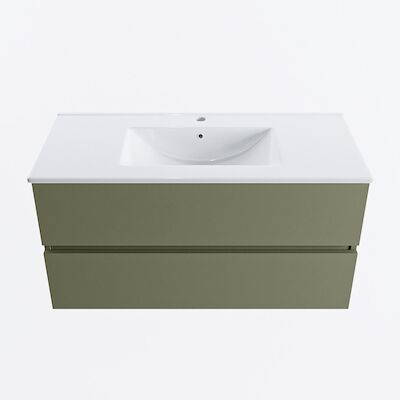 MONDIAZ VICA 100cm badmeubel onderkast Army 2 lades. Wastafel DENIA midden 1 kraangat, kleur Glanzend Wit.