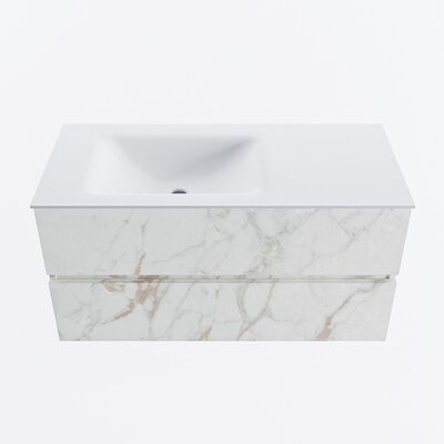 MONDIAZ VICA 100cm badmeubel onderkast Carrara 2 lades. Wastafel CLOUD links zonder kraangat, kleur Talc.