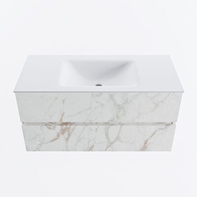 MONDIAZ VICA 100cm badmeubel onderkast Carrara 2 lades. Wastafel CLOUD midden 1 kraangat, kleur Talc.