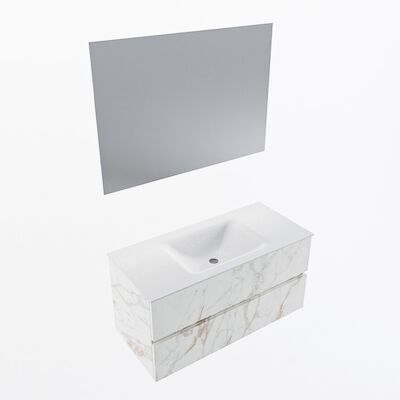 MONDIAZ VICA 100cm badmeubel onderkast Carrara 2 lades. Wastafel CLOUD midden zonder kraangat, kleur Talc met spiegel LED.