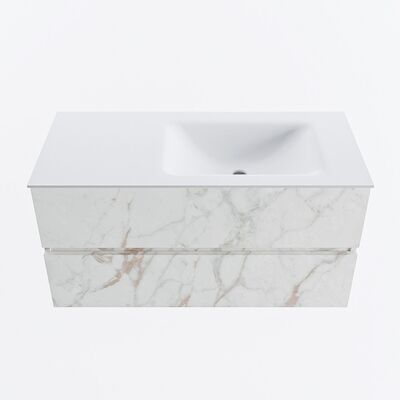 MONDIAZ VICA 100cm badmeubel onderkast Carrara 2 lades. Wastafel CLOUD rechts 1 kraangat, kleur Talc.