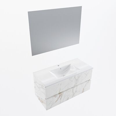MONDIAZ VICA 100cm badmeubel onderkast Carrara 2 lades. Wastafel Denia midden 1 kraangat, kleur Glanzend Wit met spiegel LED.