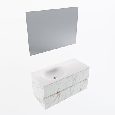 MONDIAZ VICA 100cm badmeubel onderkast Carrara 2 lades. Wastafel Moon links zonder kraangat, kleur Talc met spiegel LED.