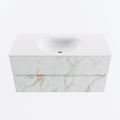 MONDIAZ VICA 100cm badmeubel onderkast Carrara 2 lades. Wastafel MOON midden 1 kraangat, kleur Talc.