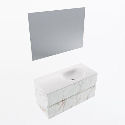 MONDIAZ VICA 100cm badmeubel onderkast Carrara 2 lades. Wastafel Moon rechts 1 kraangat, kleur Talc met spiegel LED.