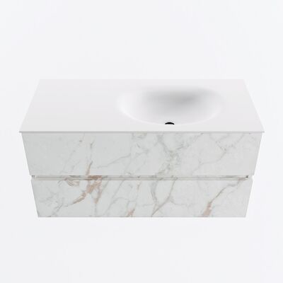 MONDIAZ VICA 100cm badmeubel onderkast Carrara 2 lades. Wastafel MOON rechts 1 kraangat, kleur Talc.