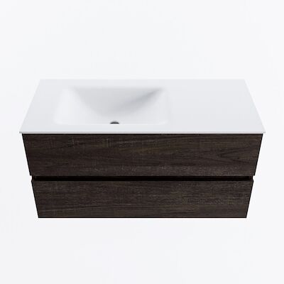 MONDIAZ VICA 100cm badmeubel onderkast Dark Brown 2 lades. Wastafel CLOUD links 1 kraangat, kleur Talc.