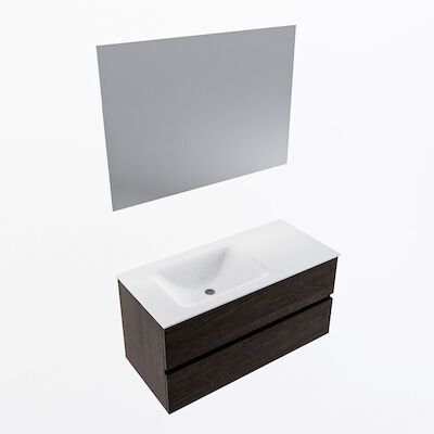 MONDIAZ VICA 100cm badmeubel onderkast Dark Brown 2 lades. Wastafel CLOUD links zonder kraangat, kleur Talc met spiegel LED.