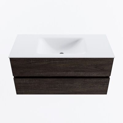 MONDIAZ VICA 100cm badmeubel onderkast Dark Brown 2 lades. Wastafel CLOUD midden zonder kraangat, kleur Talc.