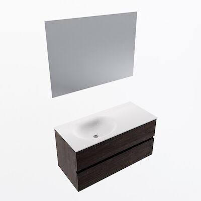 MONDIAZ VICA 100cm badmeubel onderkast Dark Brown 2 lades. Wastafel Moon links zonder kraangat, kleur Talc met spiegel LED.