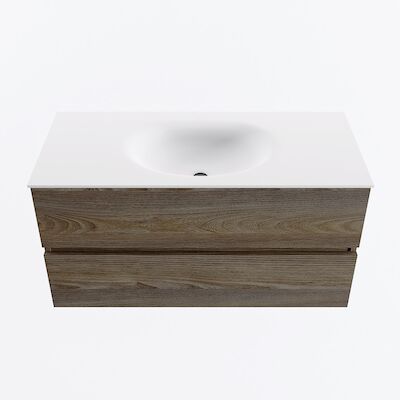 MONDIAZ VICA 100cm badmeubel onderkast Dark Brown Grey 2 lades. Wastafel MOON midden zonder kraangat, kleur Talc.