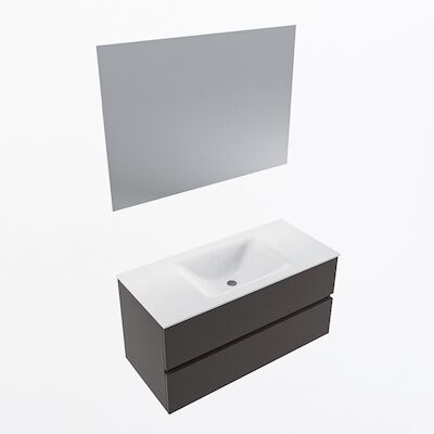 MONDIAZ VICA 100cm badmeubel onderkast Dark Grey 2 lades. Wastafel CLOUD midden zonder kraangat, kleur Talc met spiegel LED.