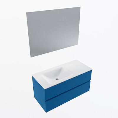 MONDIAZ VICA 100cm badmeubel onderkast Jeans 2 lades. Wastafel CLOUD links 1 kraangat, kleur Talc met spiegel LED.