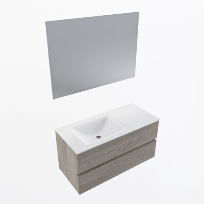 MONDIAZ VICA 100cm badmeubel onderkast Light Brown Grey 2 lades. Wastafel CLOUD links 1 kraangat, kleur Talc met spiegel LED.