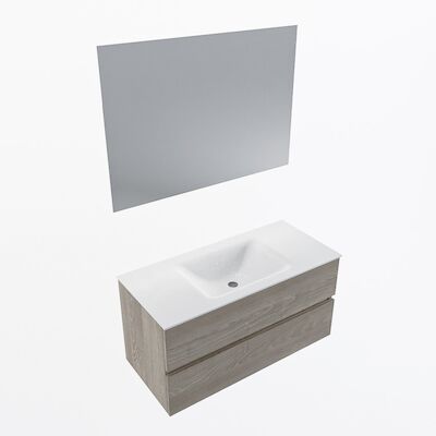 MONDIAZ VICA 100cm badmeubel onderkast Light Brown Grey 2 lades. Wastafel CLOUD midden 1 kraangat, kleur Talc met spiegel LED.