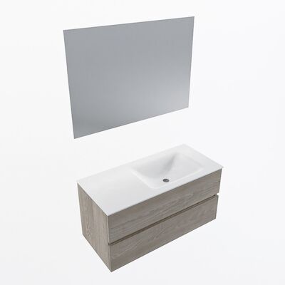 MONDIAZ VICA 100cm badmeubel onderkast Light Brown Grey 2 lades. Wastafel CLOUD rechts 1 kraangat, kleur Talc met spiegel LED.
