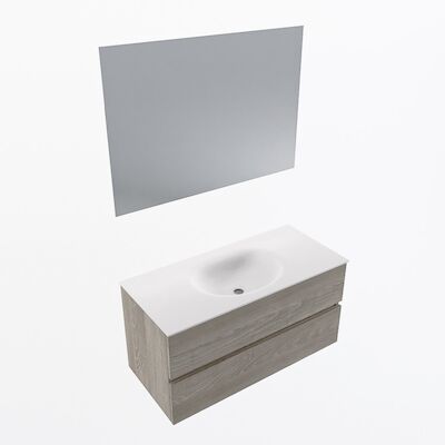 MONDIAZ VICA 100cm badmeubel onderkast Light Brown Grey 2 lades. Wastafel Moon midden zonder kraangat, kleur Talc met spiegel LED.