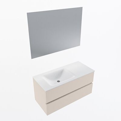 MONDIAZ VICA 100cm badmeubel onderkast Linen 2 lades. Wastafel CLOUD links zonder kraangat, kleur Talc met spiegel LED.