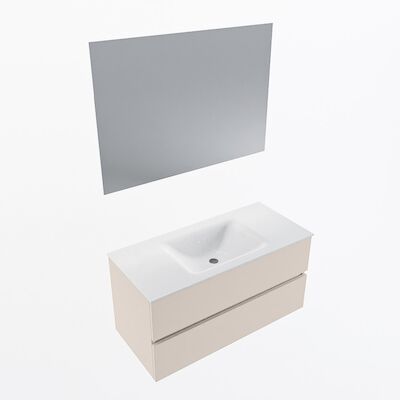 MONDIAZ VICA 100cm badmeubel onderkast Linen 2 lades. Wastafel CLOUD midden zonder kraangat, kleur Talc met spiegel LED.