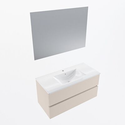MONDIAZ VICA 100cm badmeubel onderkast Linen 2 lades. Wastafel Denia midden 1 kraangat, kleur Glanzend Wit met spiegel LED.