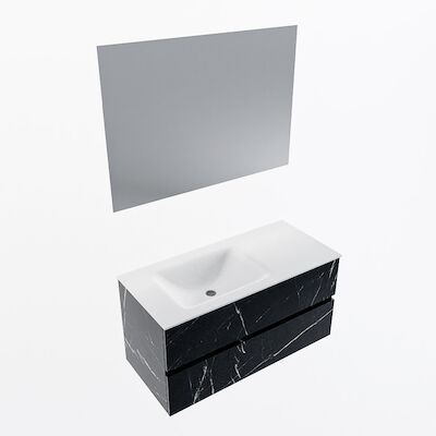 MONDIAZ VICA 100cm badmeubel onderkast Marquina 2 lades. Wastafel CLOUD links 1 kraangat, kleur Talc met spiegel LED.