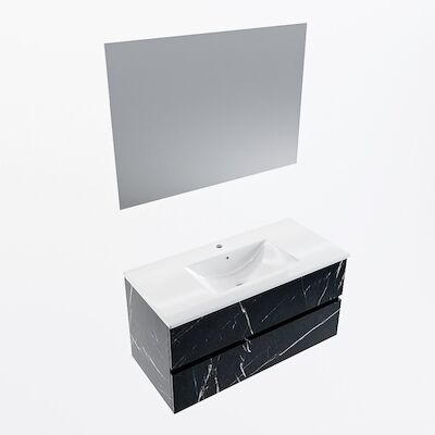 MONDIAZ VICA 100cm badmeubel onderkast Marquina 2 lades. Wastafel Denia midden 1 kraangat, kleur Glanzend Wit met spiegel LED.