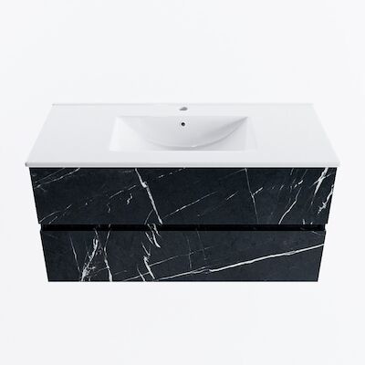 MONDIAZ VICA 100cm badmeubel onderkast Marquina 2 lades. Wastafel DENIA midden 1 kraangat, kleur Glanzend Wit.